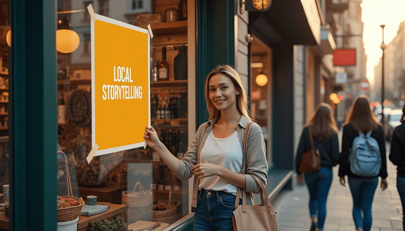 A woman is holding a sign in front of a store window.