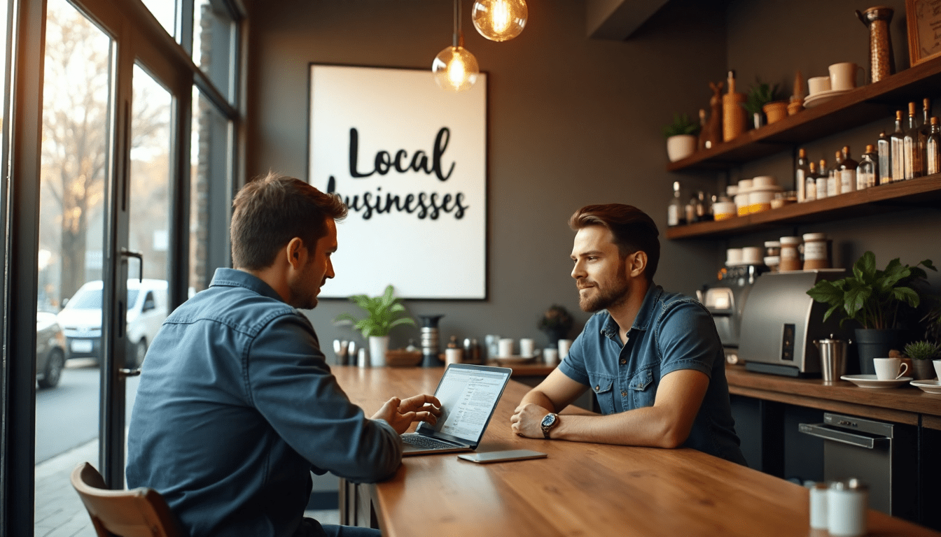 Two men are sitting at a table in a cafe looking at a laptop.