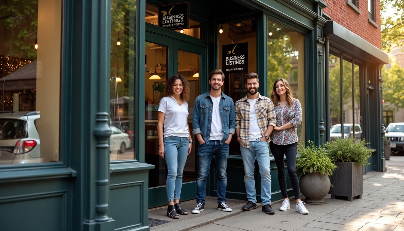A group of people are standing in front of a store.