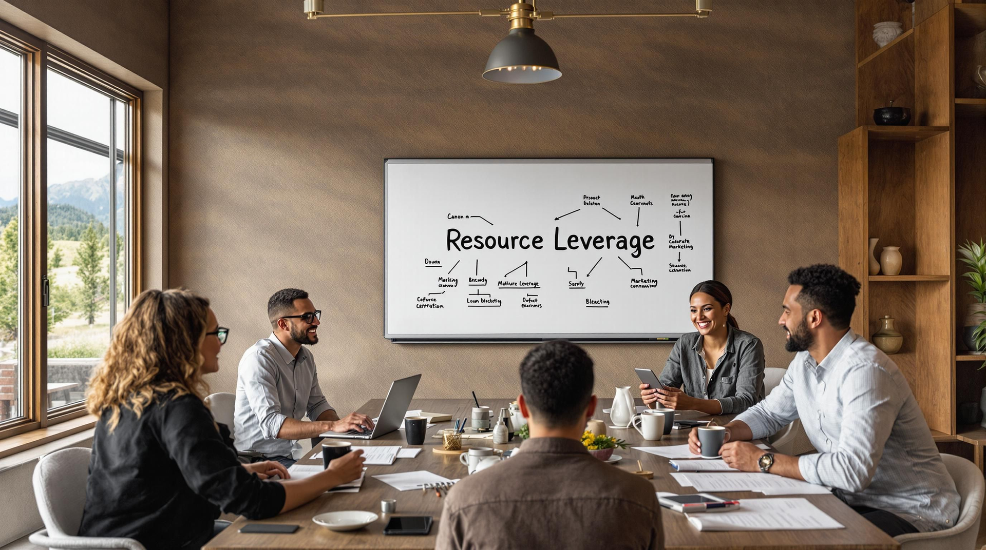 A group of people are sitting around a table in front of a whiteboard.