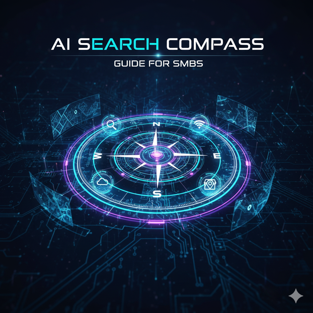 AI Search Compass guide for SMBs. Digital compass with glowing blue/purple lines on a dark background.