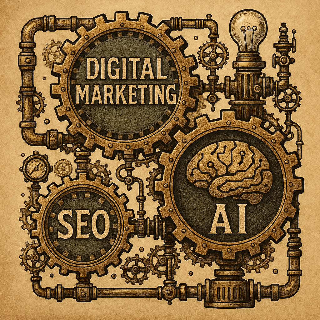 An illustration of gears with the words digital marketing seo and ai