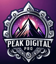 A logo for peak digital pro with a mountain in the middle.