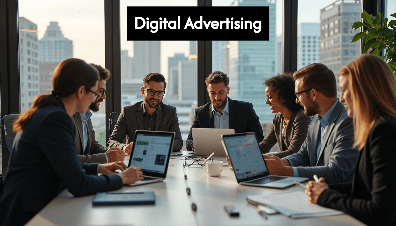 Digital Advertising - A group of people are sitting around a table with laptops.