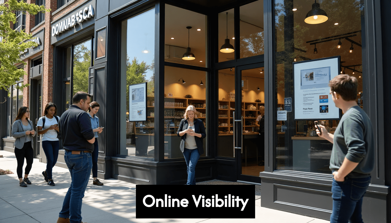 A group of people are standing outside of a store.
