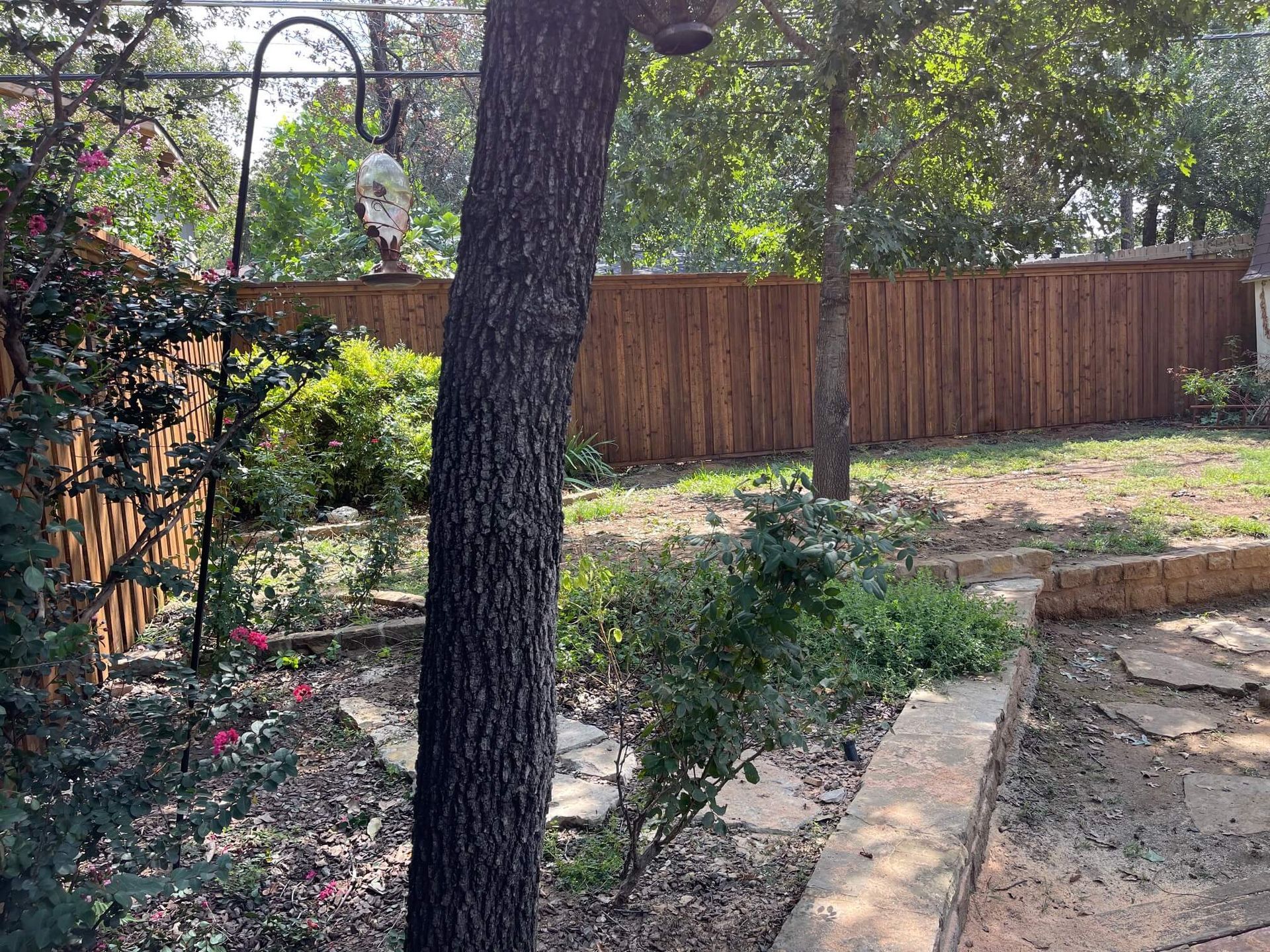 A Backyard with A Wooden Fence and A Tree in The Foreground