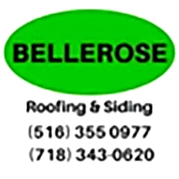 Bellerose Roofing & Siding logo with green oval and phone numbers (516) 355-0977 and (718) 343-0620