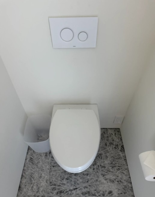 Compact toilet in a small white bathroom with a dual-flush button and trash bin