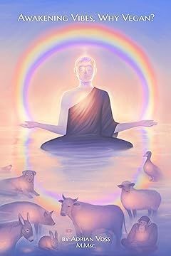 A meditating figure with a rainbow halo above, surrounded by various animals in water, promoting veganism.
