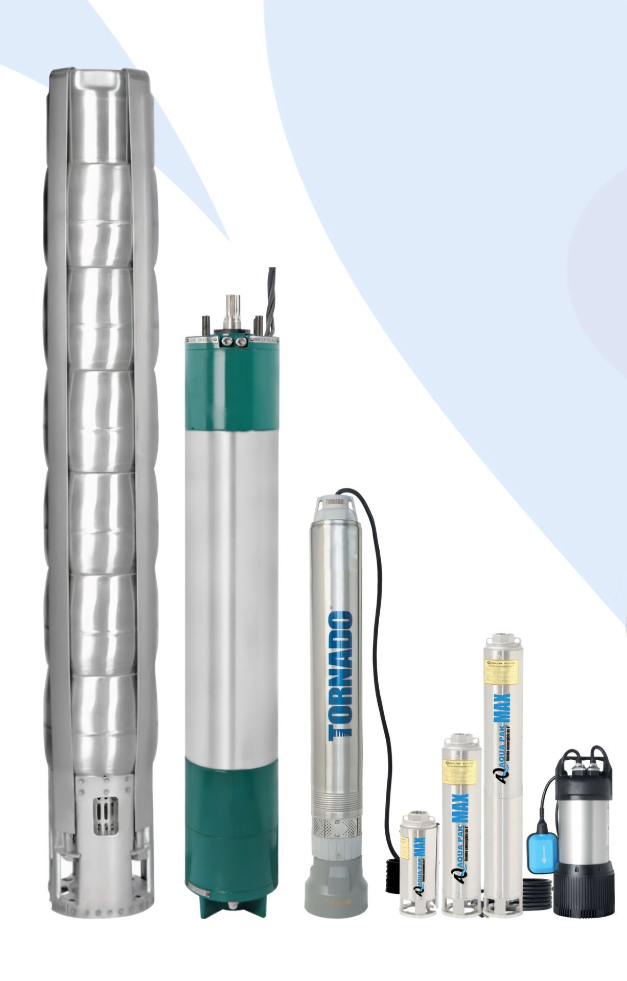 Bombas de agua sumergibles de varios tamaños en fila. Colores plateado y verde.