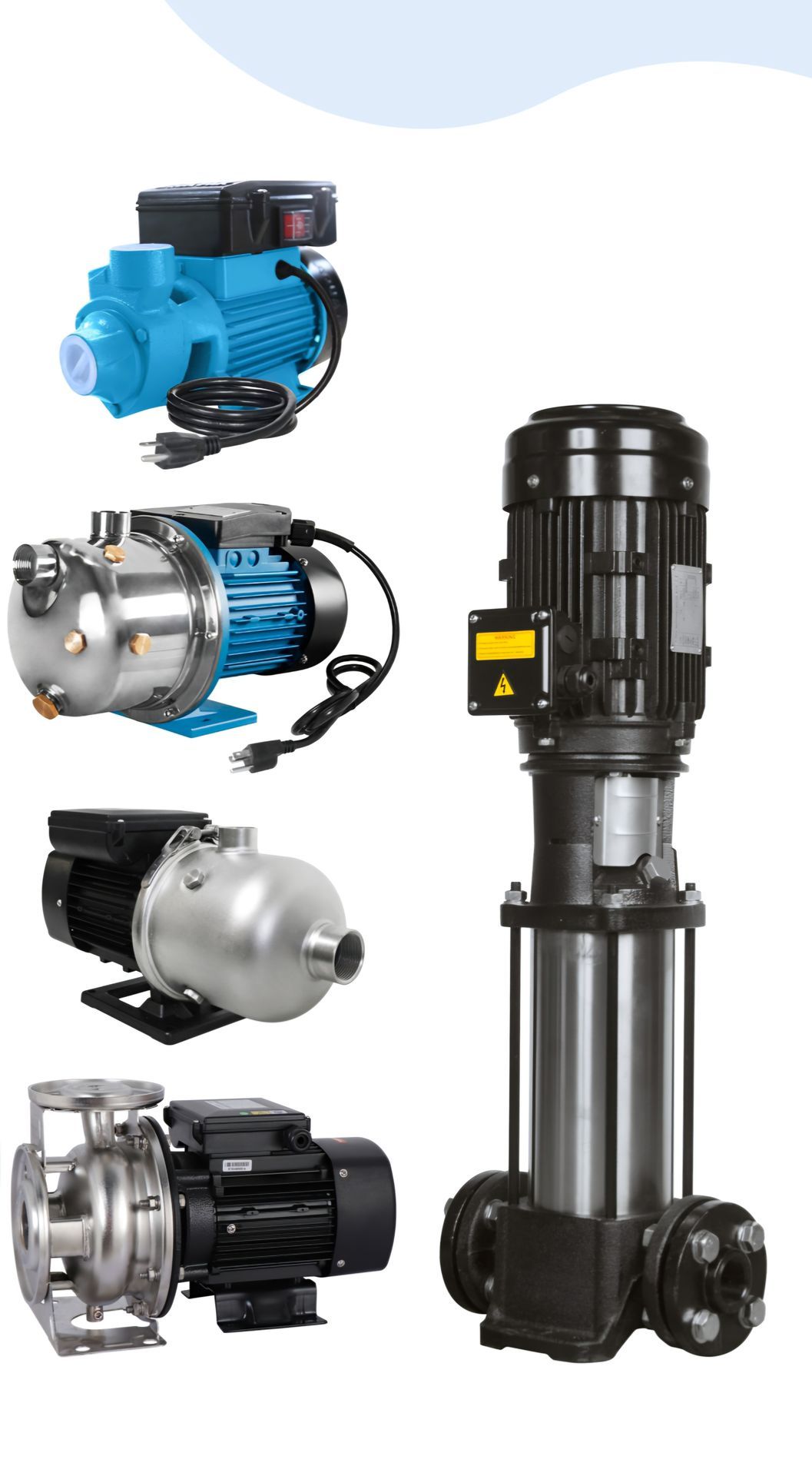Cinco bombas de agua diferentes de distintos tamaños y estilos.