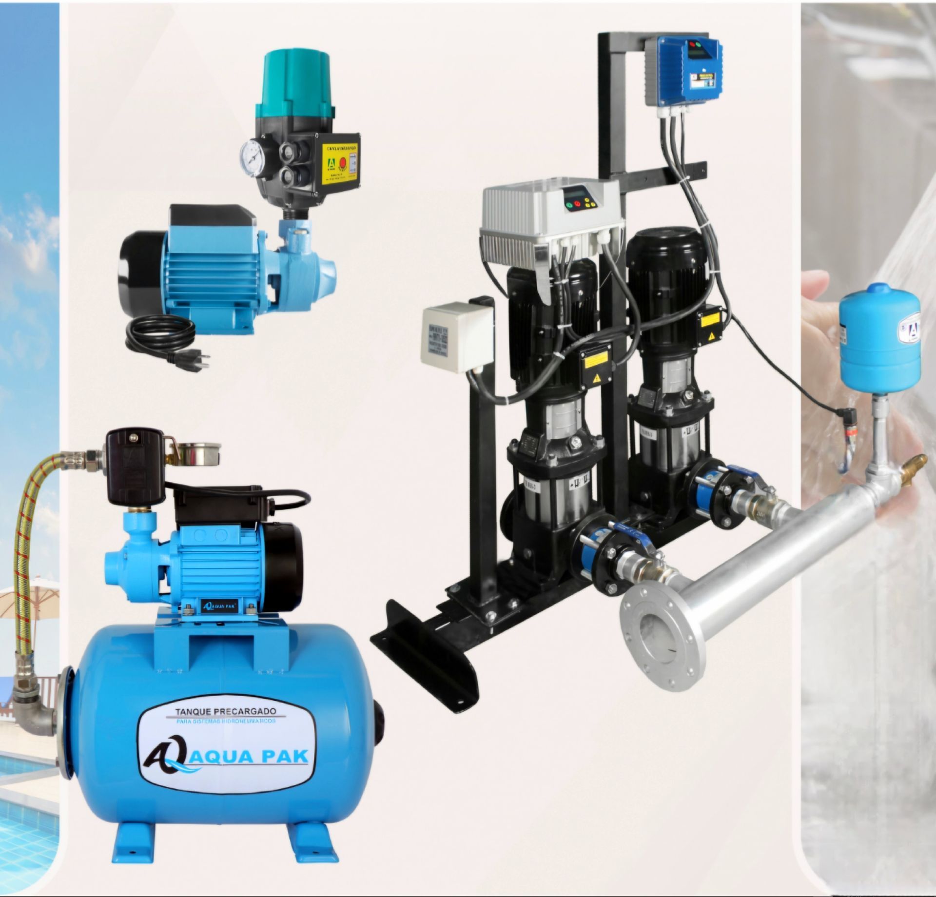 Varios sistemas de bombas de agua en azul y negro, incluido un modelo de tanque de presión y un sistema de bomba dual.