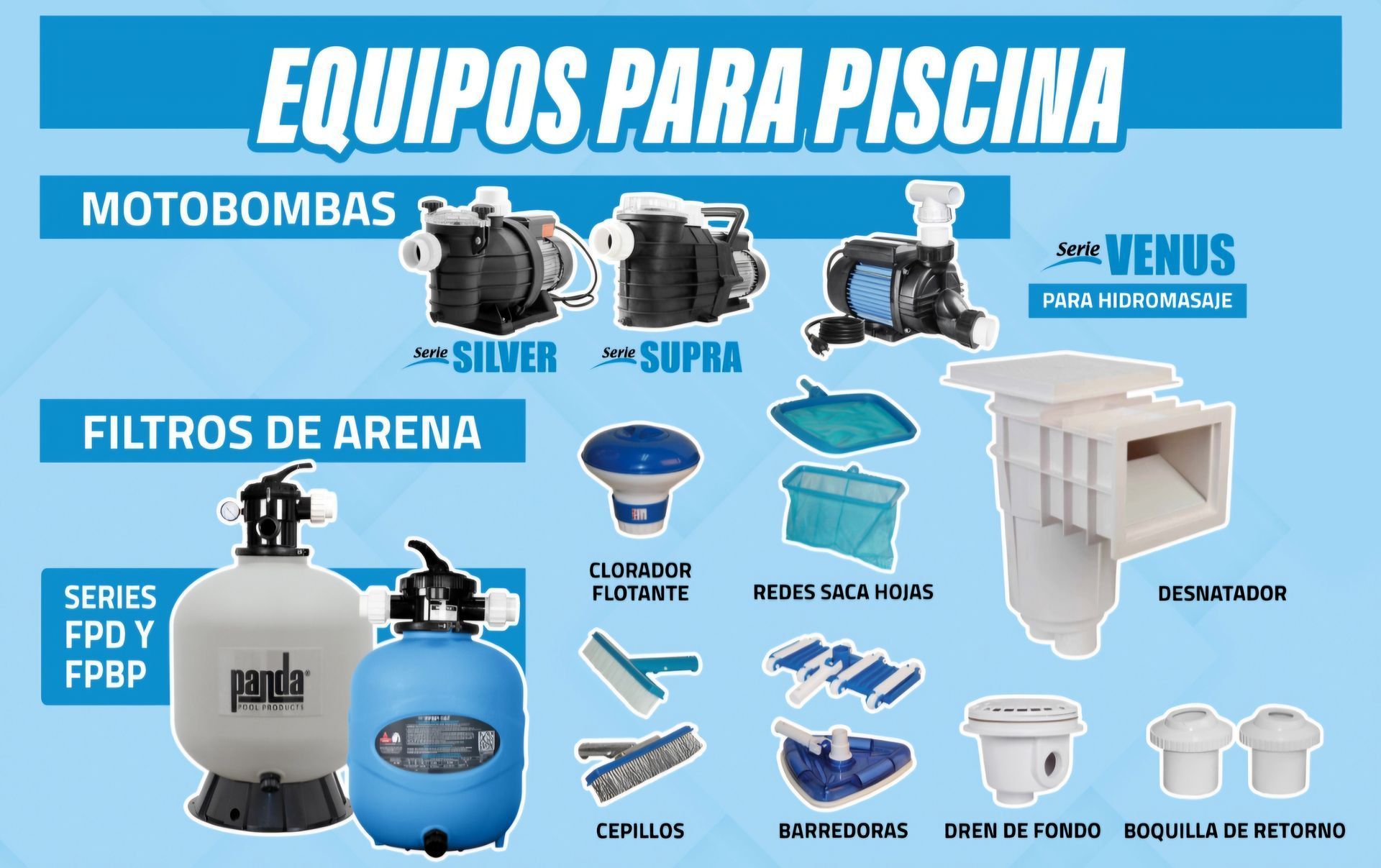 Anuncio de equipos de piscina: bombas, filtros de arena y accesorios sobre fondo azul.