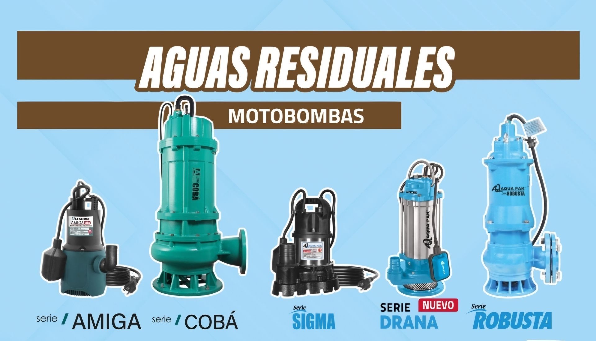 Cinco bombas de agua sumergibles diferentes, cada una etiquetada con una marca, sobre una pancarta azul y marrón.