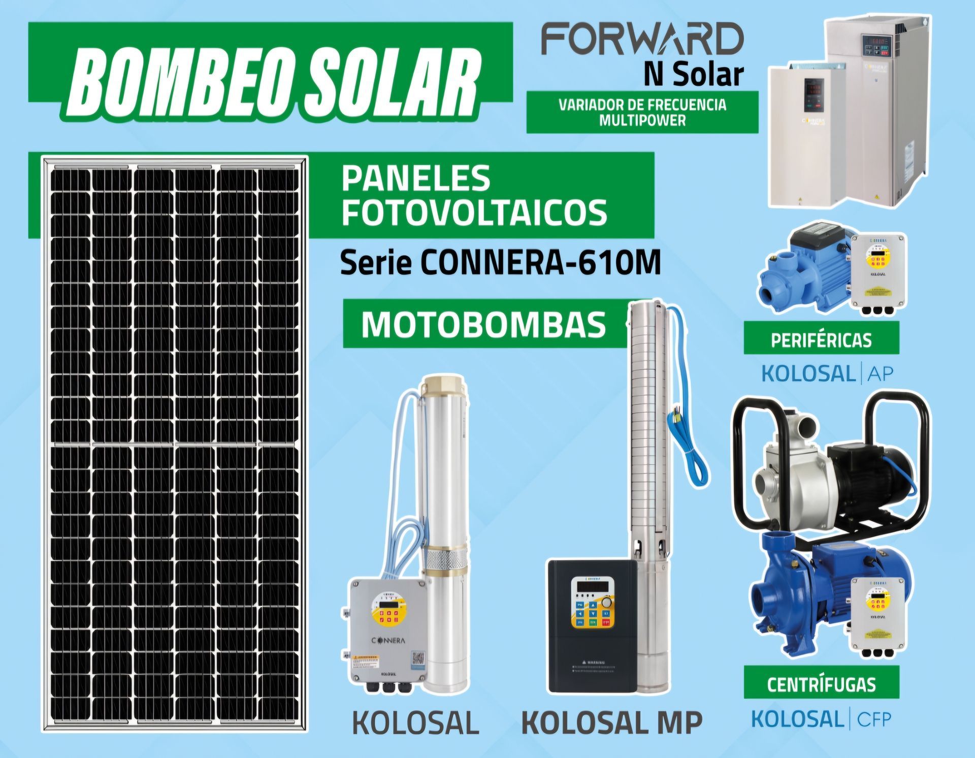 Anuncio de equipos de bombeo de agua solar con paneles solares, bombas y controladores.