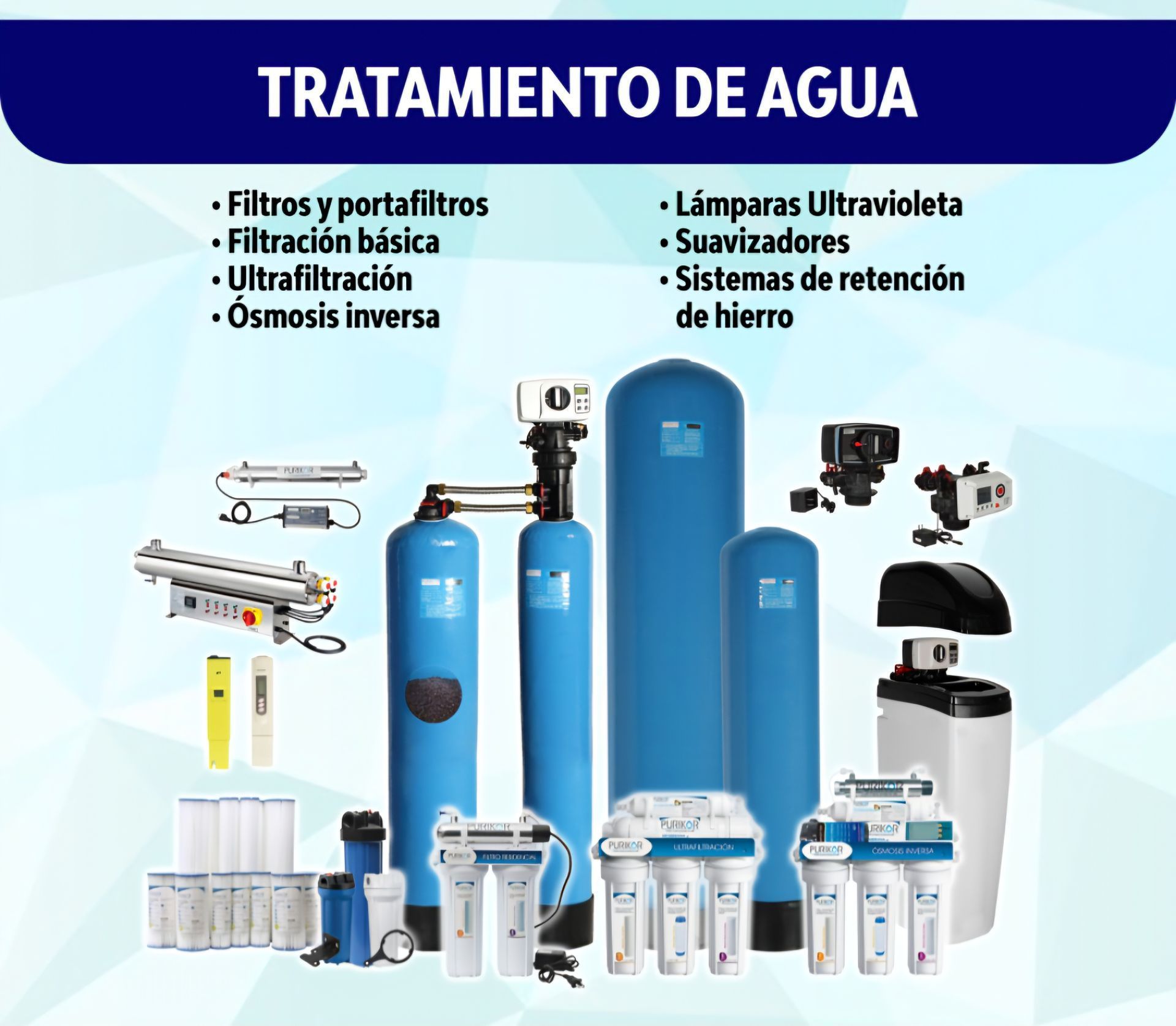 Equipos de tratamiento de agua, incluidos filtros, lámparas UV y sistemas de retención de hierro.