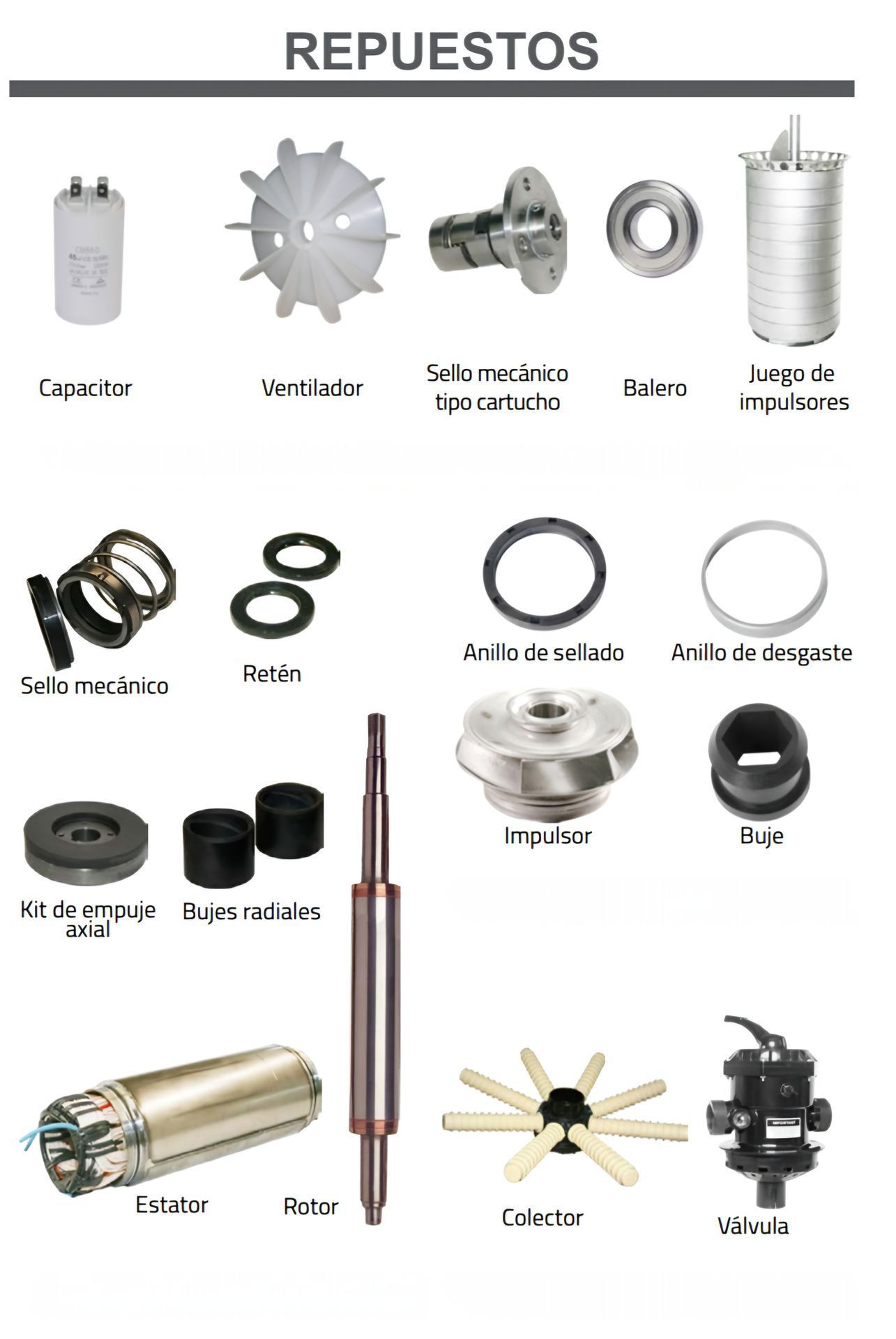 Diagrama de piezas de repuesto de la bomba: condensador, impulsor, sellos, cojinetes, motor, eje, etc.