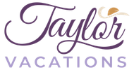 Taylor Vacations logo with purple script and a hat illustration.