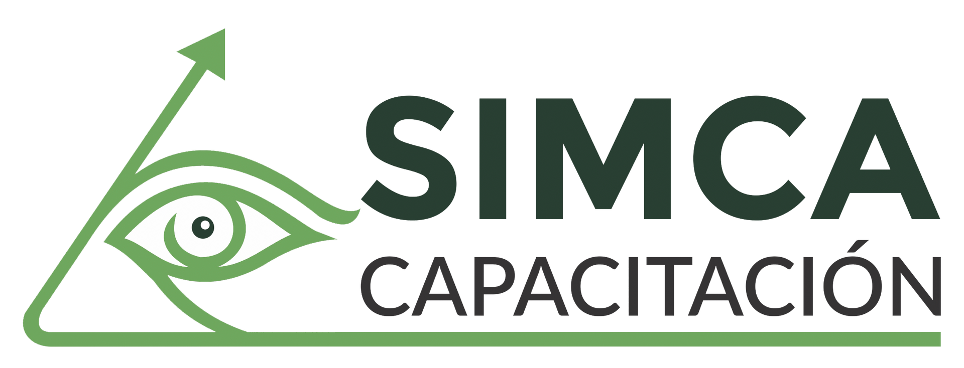 Un logotipo para Simca Capacitación con un ojo en un triángulo.