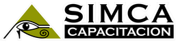 Un logotipo para Simca Capacitación con un ojo en un triángulo.