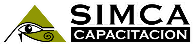 Un logotipo para Simca Capacitación con un ojo en un triángulo.