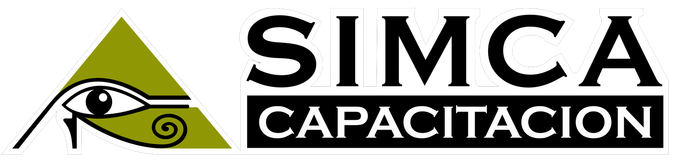 Un logotipo para Simca Capacitación con un ojo en un triángulo.