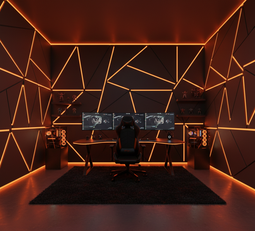 Gaming room with a desk, three monitors, a chair, and geometric orange lighting on dark walls.