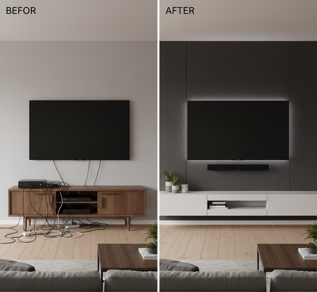 TV setup before and after cable management. The after shows a clean, modern design with LED lighting.