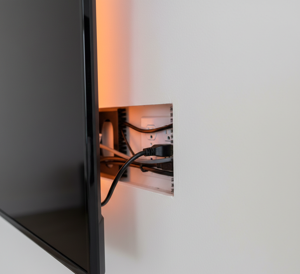 A TV is mounted on a wall next to a recessed cable management box with power cords and a surge protector.