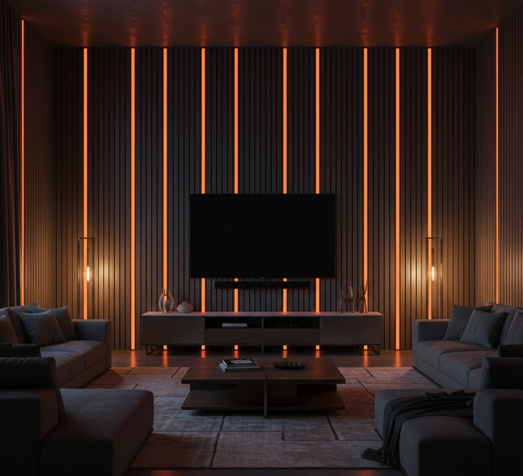 A modern living room with a large TV, sofas, and warm orange accent lighting on a dark paneled wall.