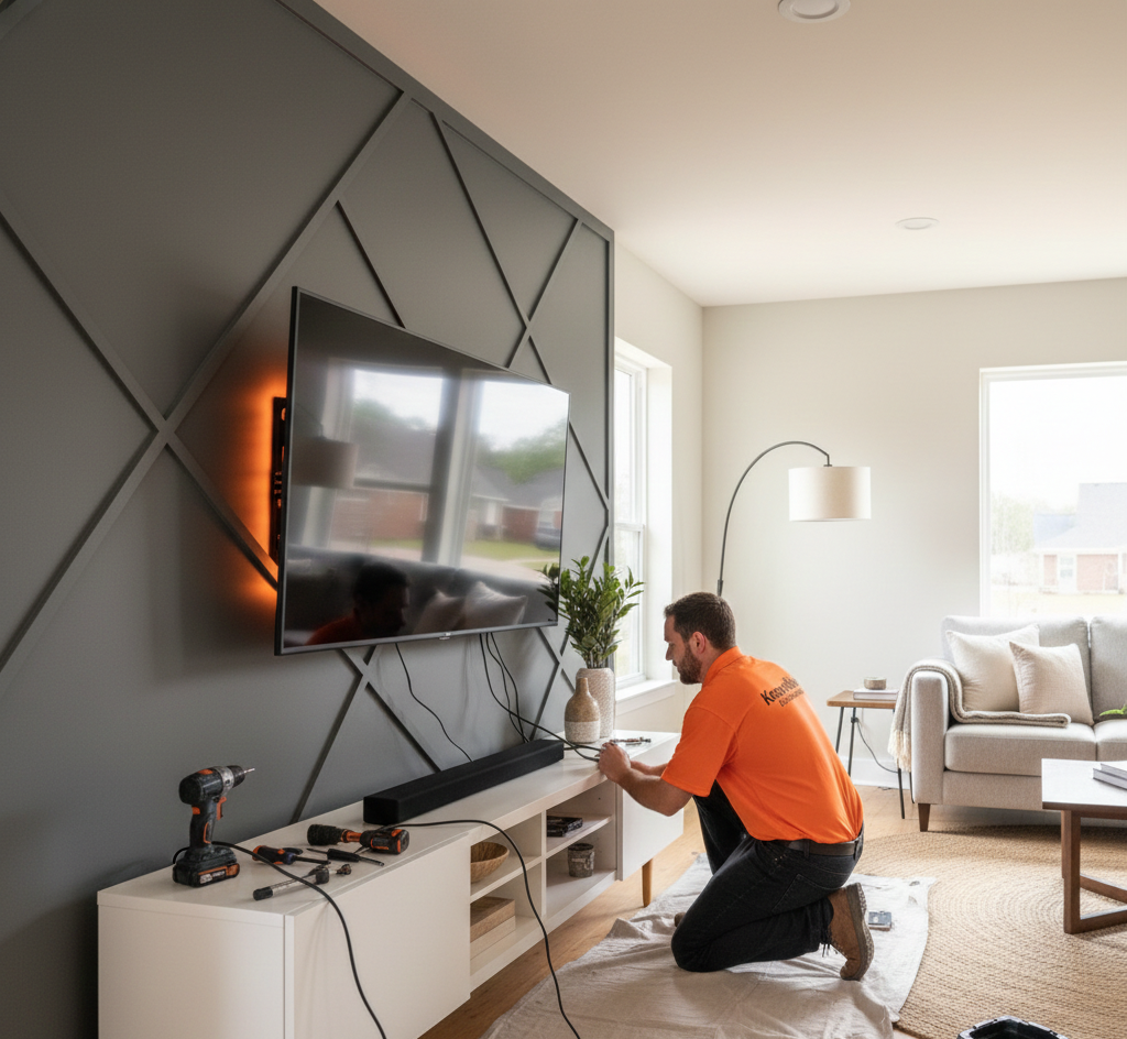 Man installing TV on a gray accent wall, wires, and entertainment console in a living room.