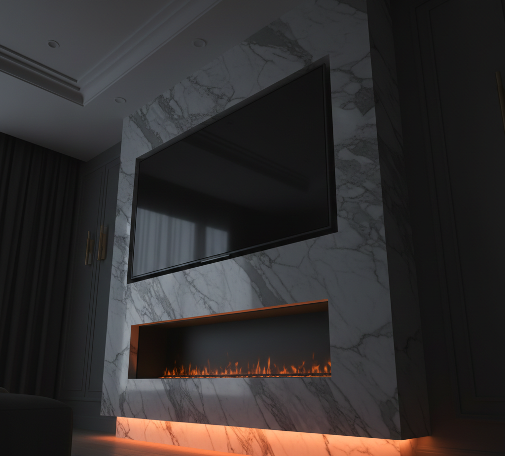TV mounted on marble wall above a fireplace with orange lighting.