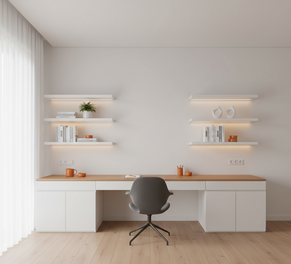 Modern home office with a white desk, shelves, and a gray office chair.