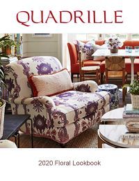 Quadrille 2020 Floral Lookbook cover. Floral upholstered armchair and orange sofa in a bright interior.