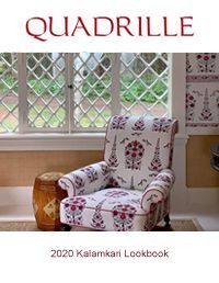 Cover of Quadrille's 2020 Kalamkari Lookbook with a patterned armchair near a window, showcasing floral fabric.