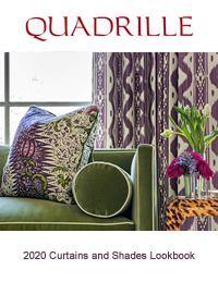 Cover of Quadrille 2020 curtains and shades lookbook: green sofa with patterned pillow, purple curtains, flowers, leopard print table.