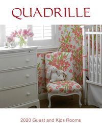 Cover of Quadrille 2020 guest and kids rooms catalog. Floral wallpaper, white furniture, and a nursery setup.