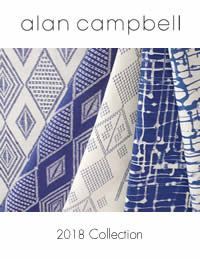 Alan Campbell 2018 Collection fabric samples in blue and white geometric patterns.