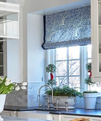 Kitchen window with patterned blue valance, sink, and potted plants.