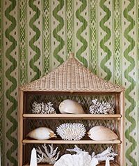 Wicker shelf with seashells and coral against a green, patterned wallpaper.