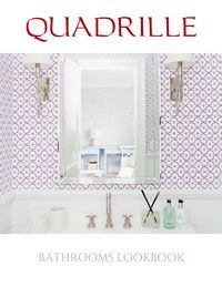 Quadrille Bathrooms Lookbook cover. Bathroom with patterned wallpaper, mirror, and fixtures.