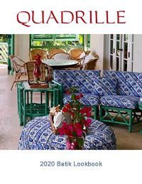 Quadrille 2020 Batik Lookbook cover featuring outdoor furniture in blue batik fabric and green wicker, with a white and green veranda.