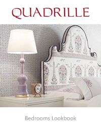 Quadrille Bedrooms Lookbook cover featuring a bedroom scene: lamp, headboard, nightstand, and pillow.