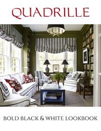 Quadrille lookbook cover: Black and white living room with striped shades, sofa, and a dark blue coffee table.