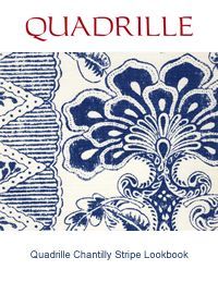 Cover: Quadrille Chantilly Stripe Lookbook. Blue floral fabric design on white background, with text.