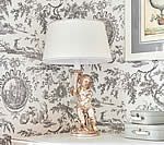 Lamp with a cherub base and white shade, set against toile wallpaper and stacked suitcases.