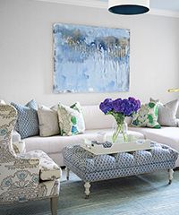 Living room with a white couch, blue patterned ottoman, floral chair, and abstract art.