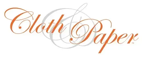 Cloth Paper logo in an orange cursive font overlaid with a grey swirled design.