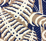 Fabric with a repeating pattern of white and tan seashell shapes on a dark blue dotted background.