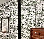 Green and white toile wallpaper, framed document, wooden furniture.